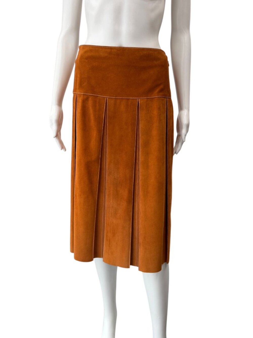 Ferragamo Camel Suede Pleated Midi Skirt size IT 42/6